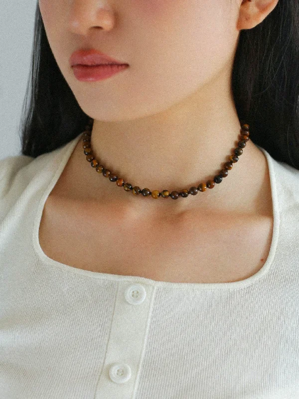 Ladies silver tennis necklace-925 Silver Clasp Tiger's Eye Beaded Choker Necklace