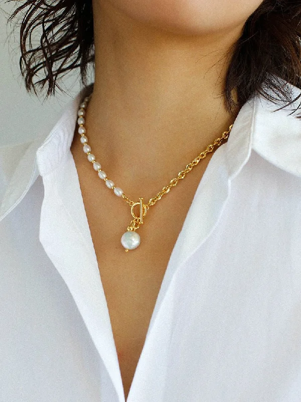 Ladies vintage gold necklace-Spliced Chain Pearl Y Gold Necklace