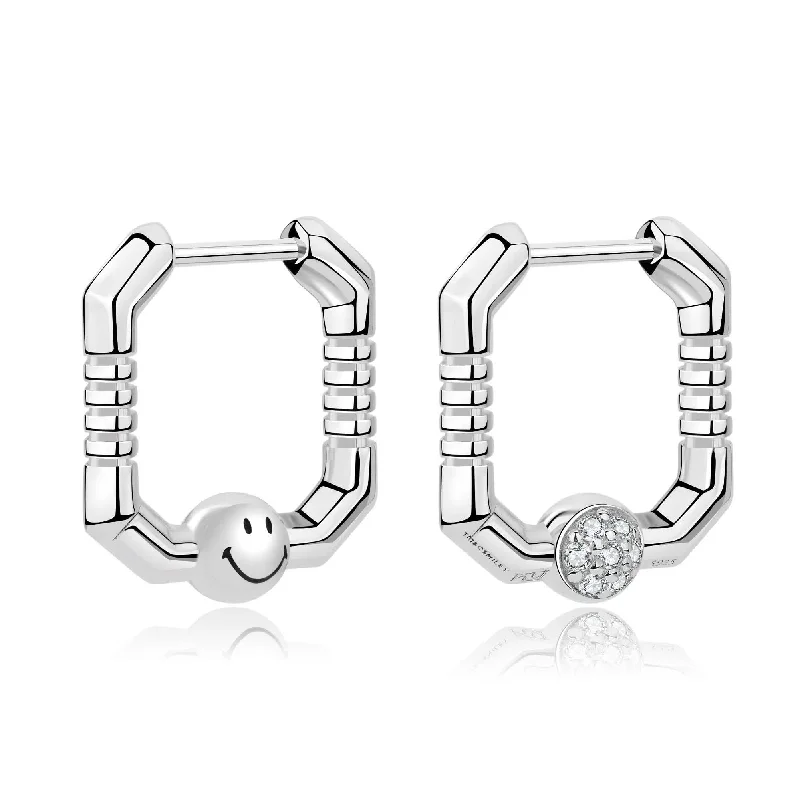 Ladies bridal earrings-KKLUExSMILEY® Silver Smiley Ball Elio Hoop Earrings