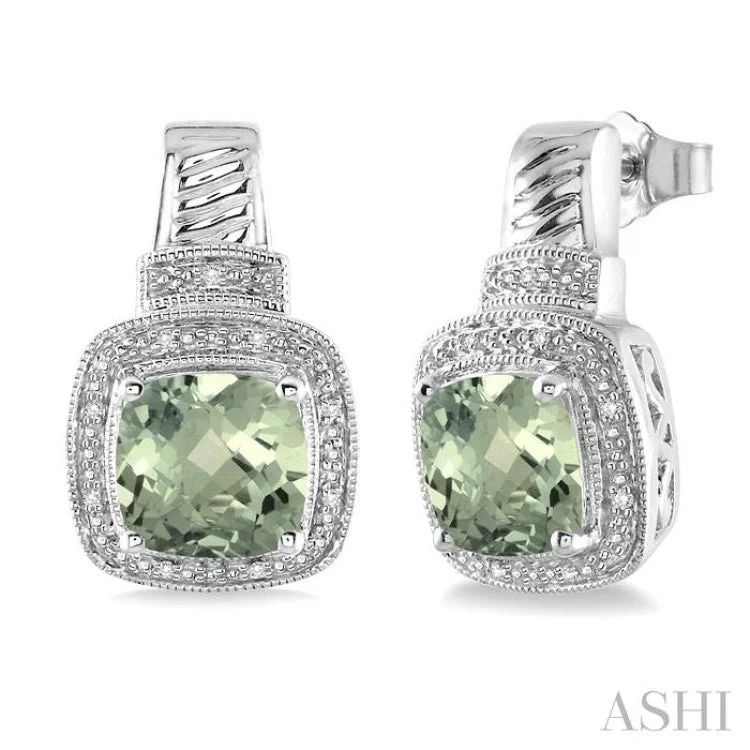 Ladies wedding drop earrings-8x8 mm Cushion Cut Green Amethyst and 1/20 ctw Single Cut Diamond Earrings in Sterling Silver