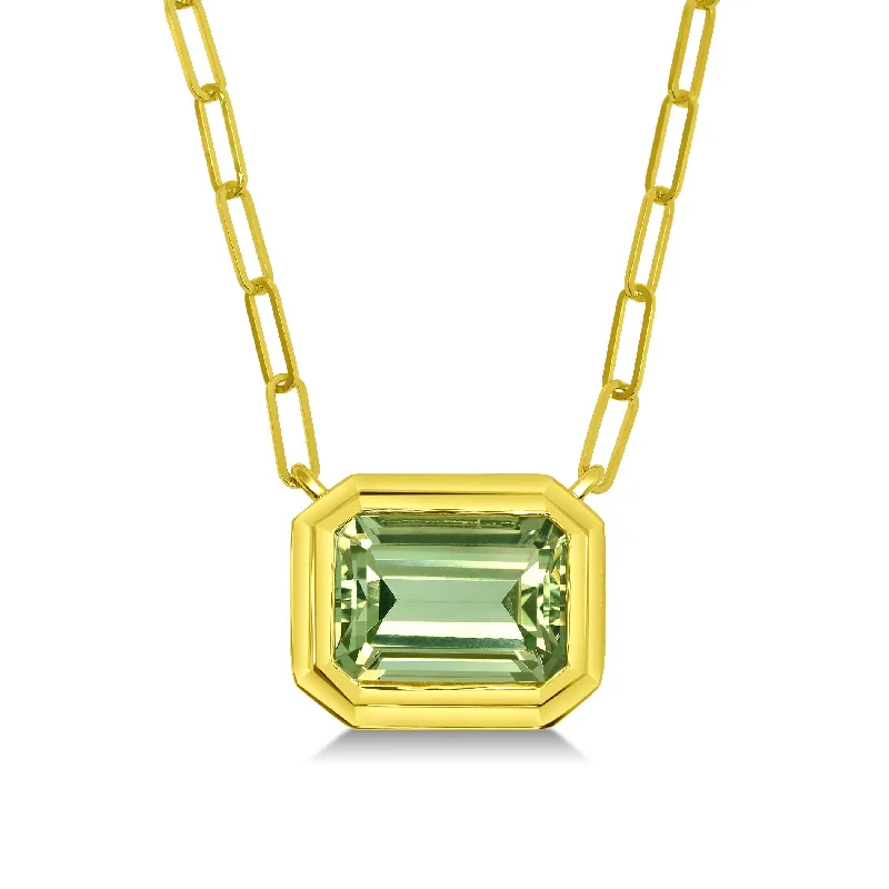 Ladies rose gold pendant necklace-Heavy Bezel Set Green Quartz Necklace