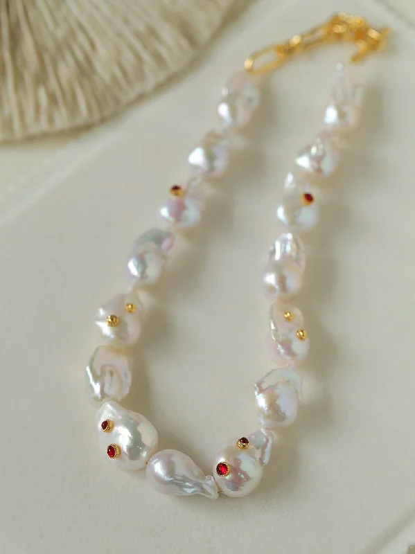 Ladies wedding necklace-Large Baroque Colored Diamond Pearl Necklace