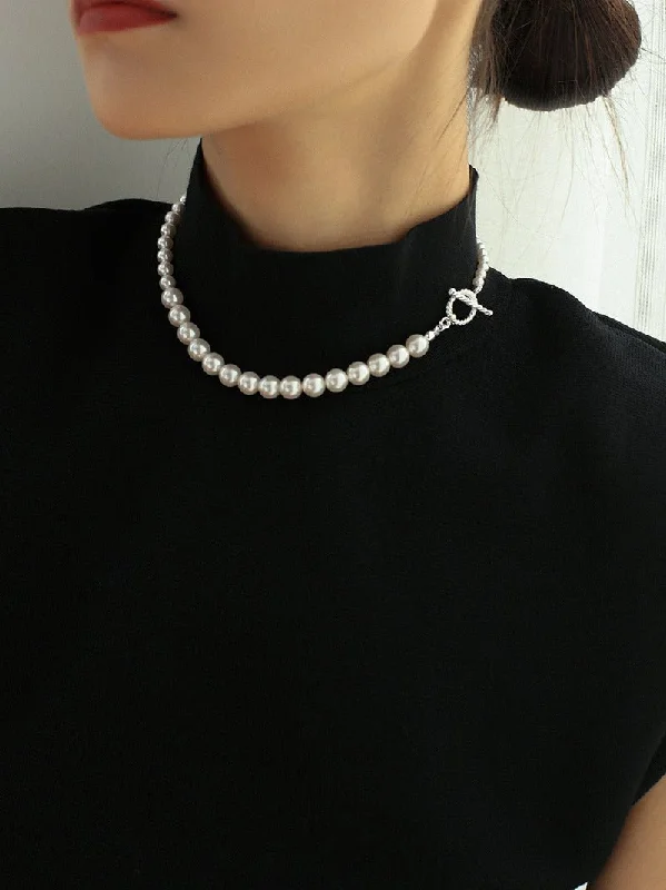 Ladies silver heart necklace-Swarovski Pearl Gradient Collarbone Necklace