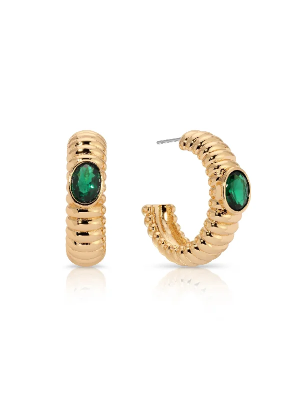 Ladies gemstone drop earrings-Ribbed Emerald Large Hoops