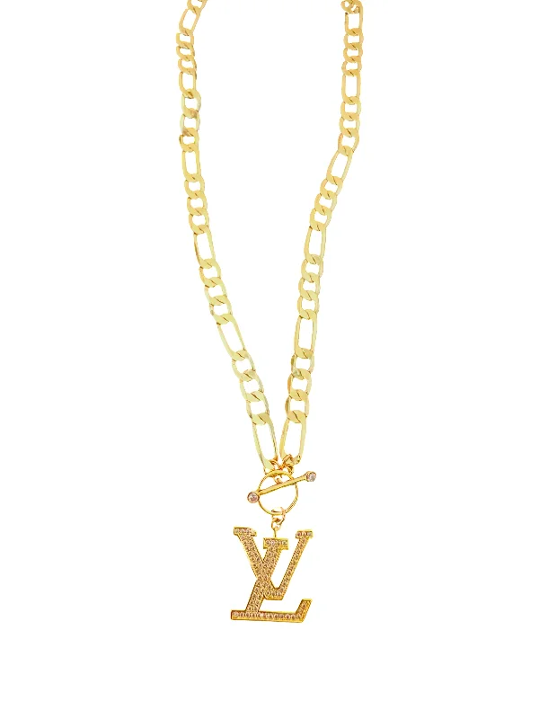 Ladies cross pendant necklace-LV Figaro Bling Necklace