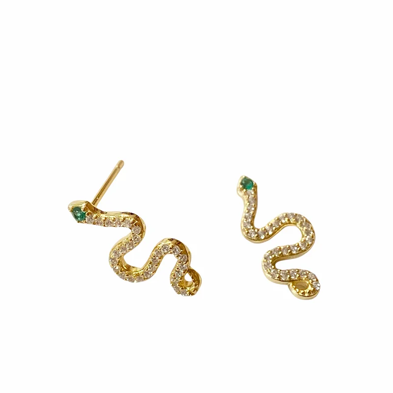 Ladies long statement earrings-Sterling Silver Emerald Snake Stud Earrings