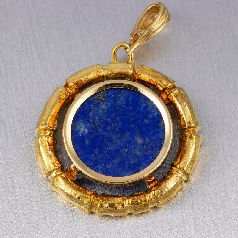 Ladies wedding pendant necklace-DAVID WEBB 18k Yellow Gold Bamboo Circle Lapis Pendant w/ Certificate