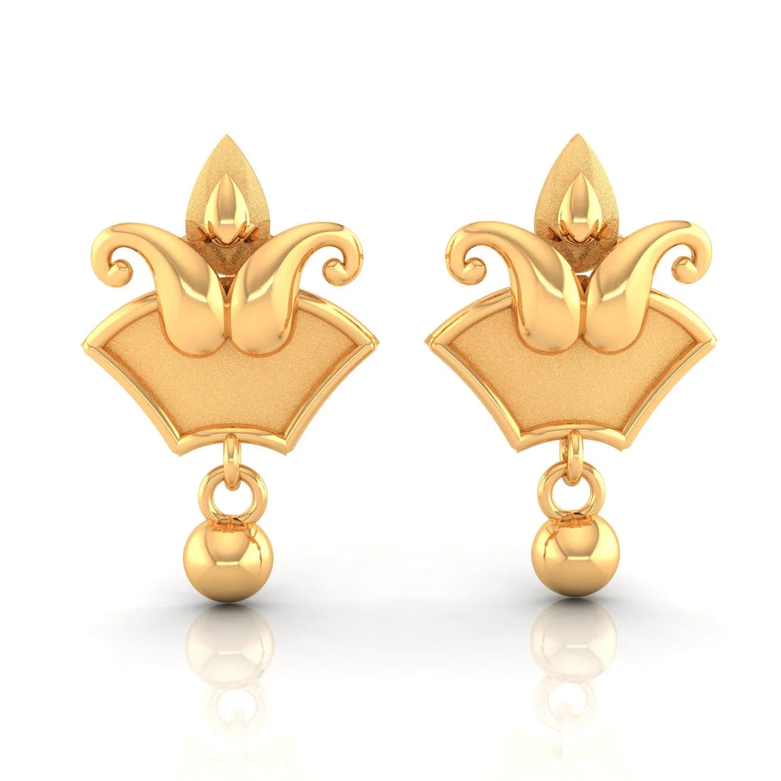 Ladies wedding stud earrings-22KT (916) Yellow Gold Stud Earrings With Floral Trio & Swinging Bead