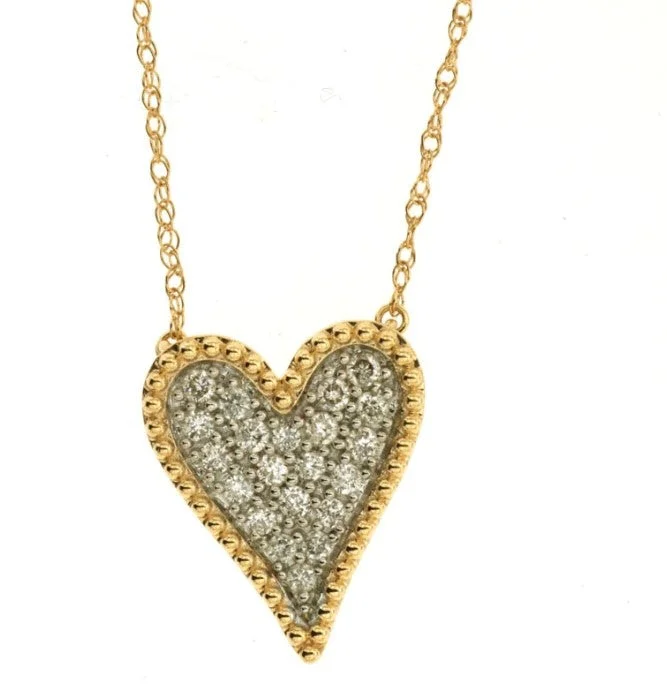 Ladies fine jewelry necklace-14k yellow gold diamond heart with beaded bezel 18" long