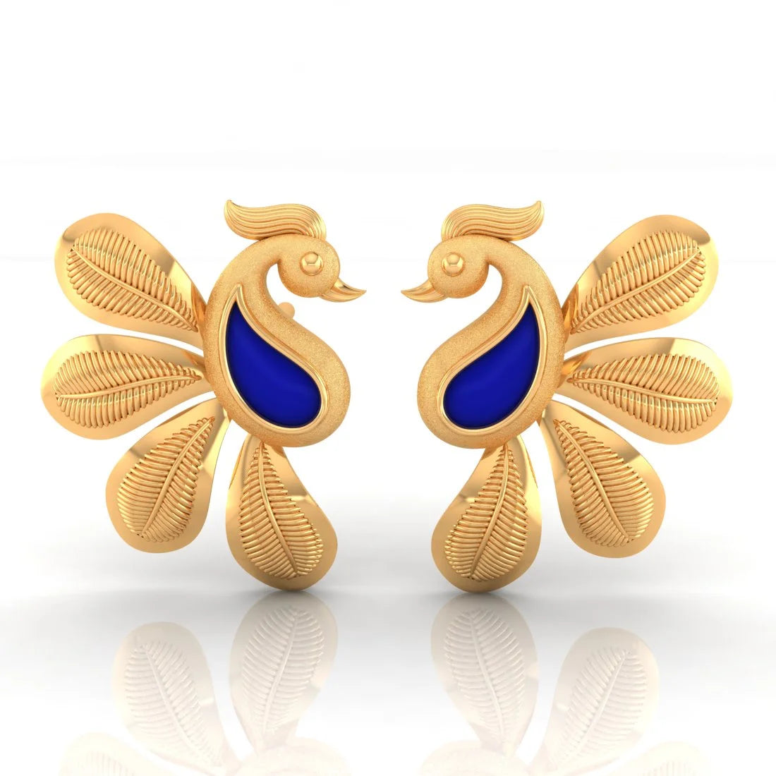 Ladies small stud earrings-22KT (916) Yellow Gold Peacock Stud Earrings With Blue Enamel