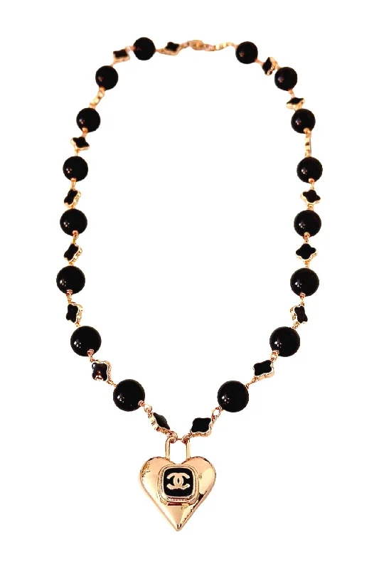 Ladies chic necklace-CC Black & Gold Lock Heart Necklace