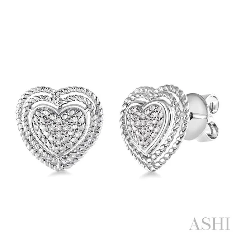 Ladies luxury earrings-1/20 Ctw Single Cut Diamond Heart Earrings in Sterling Silver