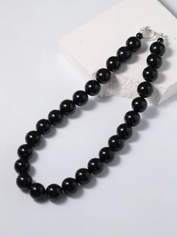 Ladies gemstone necklace-Black Agate Beaded OT Buckle Necklace-14mm