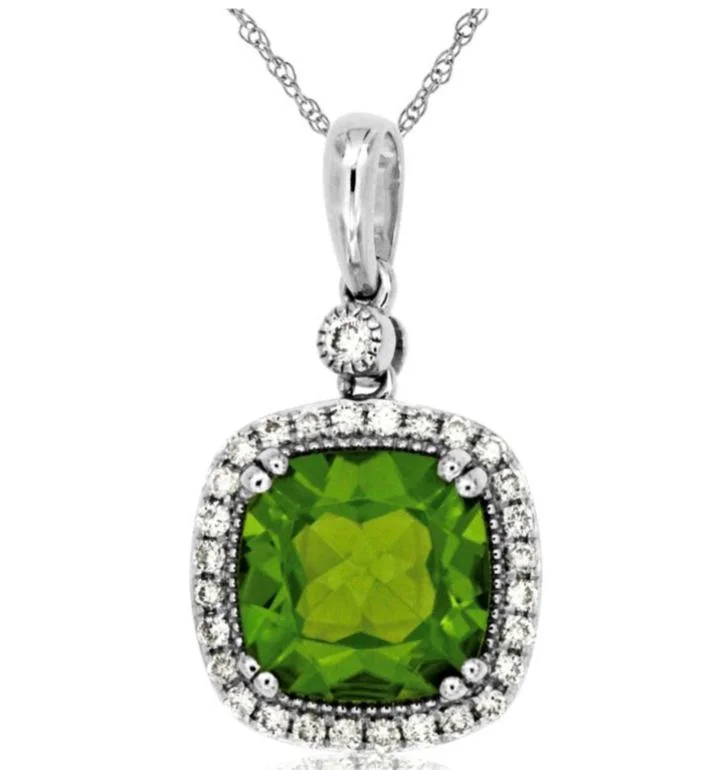 Ladies vintage-inspired pendant necklace-14k white gold cushion peridot diamond halo necklace