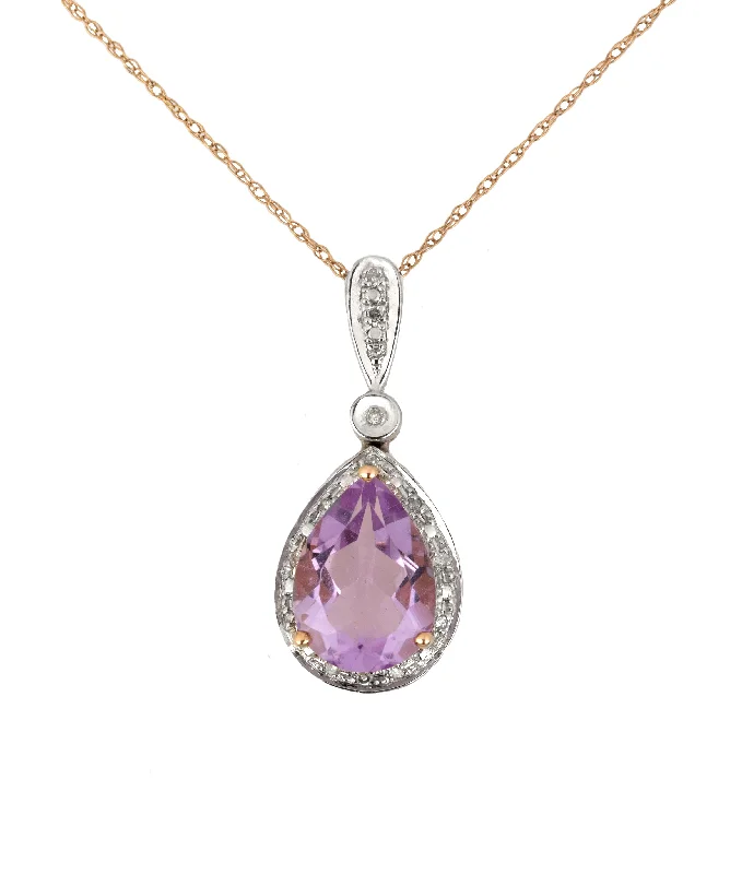 Ladies gemstone pendant necklace-Modern 14K Rose Gold 13x8mm Amethyst Pear Cut 0.14ctw Diamond Pendant Necklace