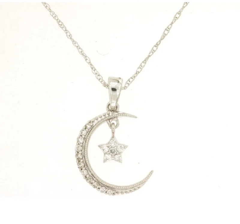 Ladies pendant necklace-14k white gold diamond accents moon and star necklace