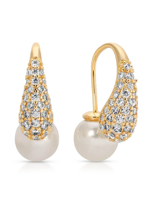 Ladies luxury earrings-Hooked Pavé and Pearl Earrings