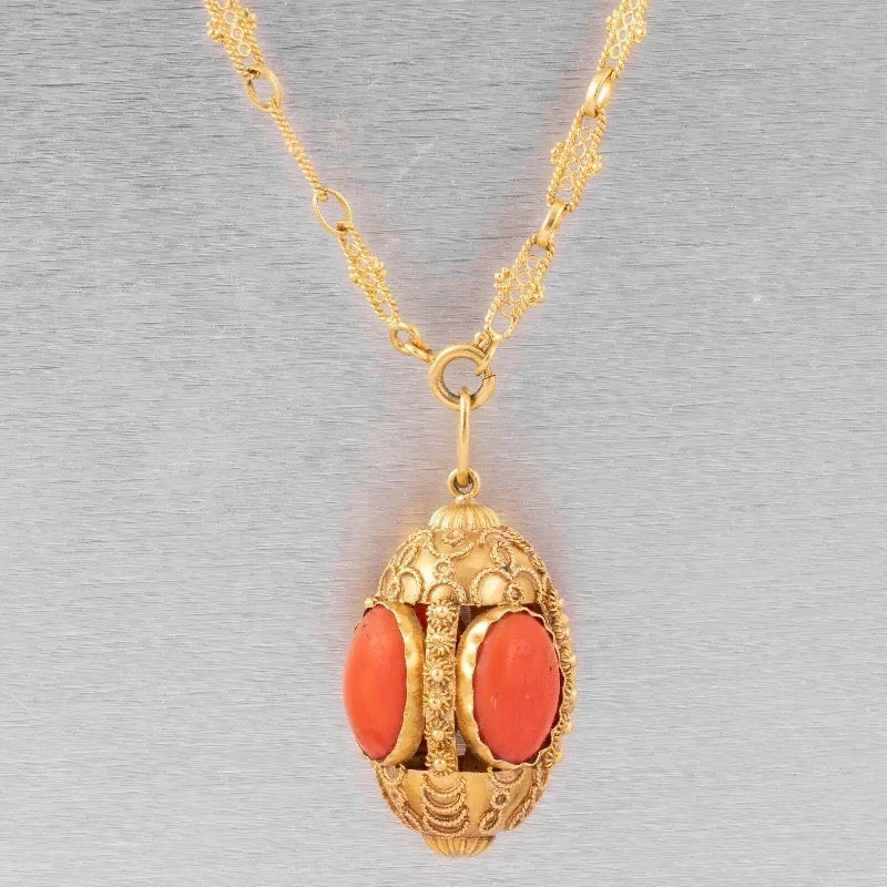 Ladies layered pendant necklace-Antique Victorian Etruscan Revival 18k Yellow Gold Coral Pendant Necklace 36.5"