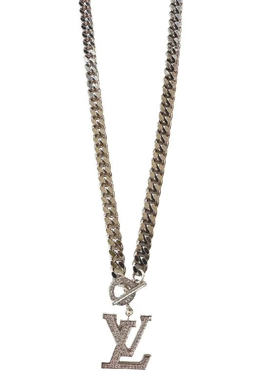 Ladies statement pendant gold necklace-LV Silver Bling Necklace