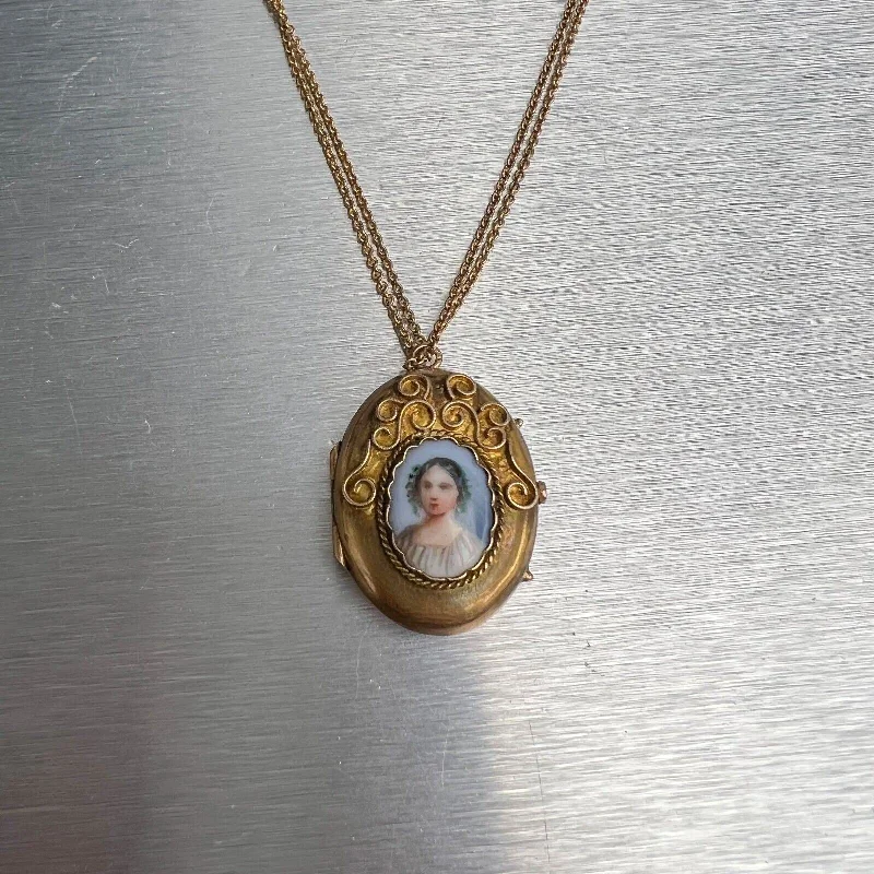 Ladies long necklace-Antique Victorian 14k Yellow Gold Painted Porcelain Cameo Locket Necklace 28"