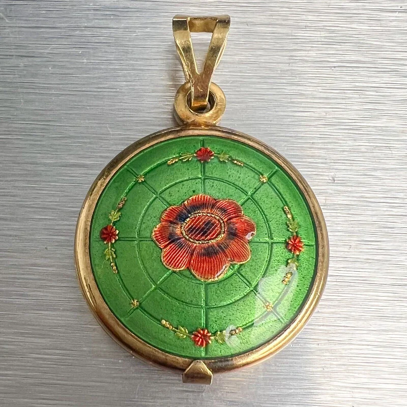 Ladies long pendant necklace-Vintage 18k Yellow Gold Green & Red Floral Motif Locket 7.6g ITALY