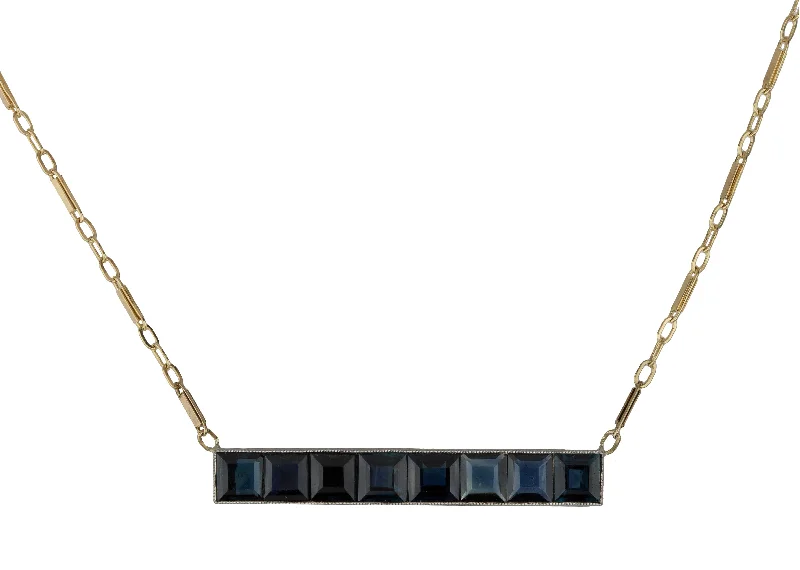 Ladies chain necklace-Womens Antique Estate 14K Yellow Gold Blue Sapphire Gemstone 18.00" Bar Necklace