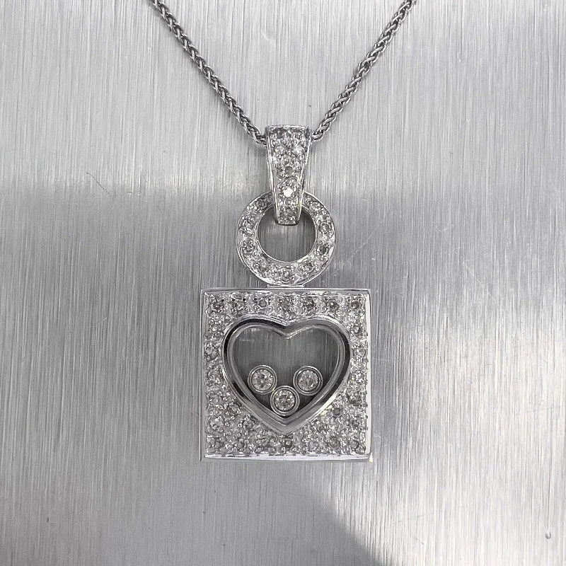 Ladies gemstone drop necklace-14k White Gold 3 Floating Diamond Pave Heart Square Necklace 0.35ctw 18"