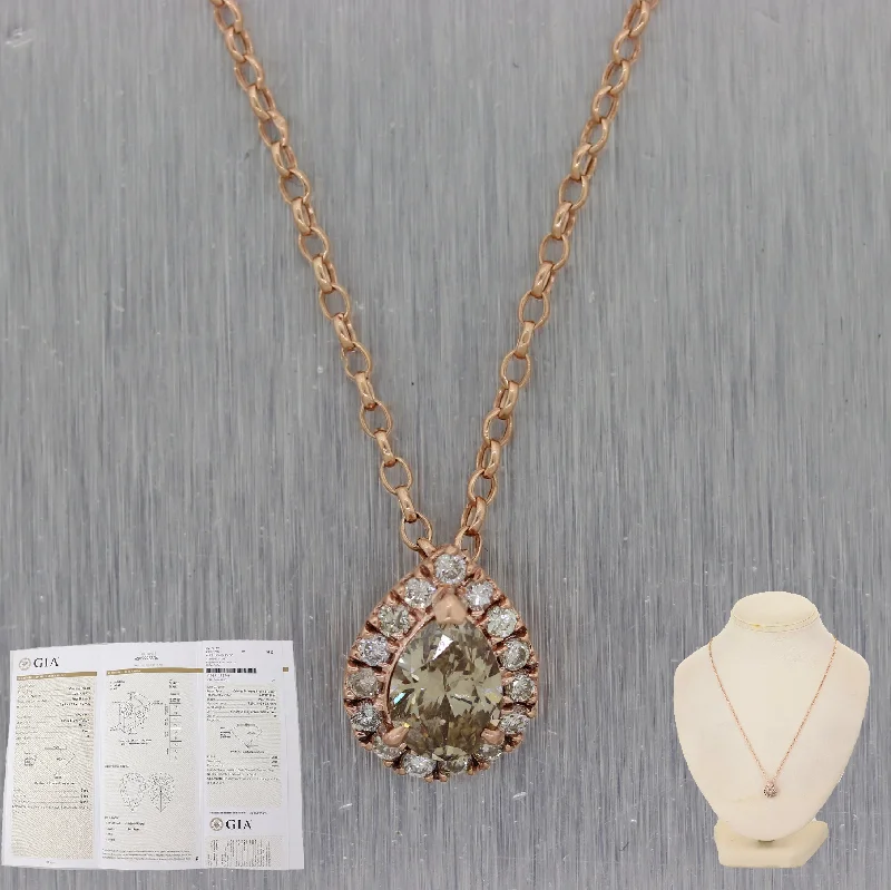 Ladies mixed metal necklace-GIA Pear Brilliant Cut 1ct Yellow/I1 Diamond 14k Rose Gold 1.30ctw 26" Necklace