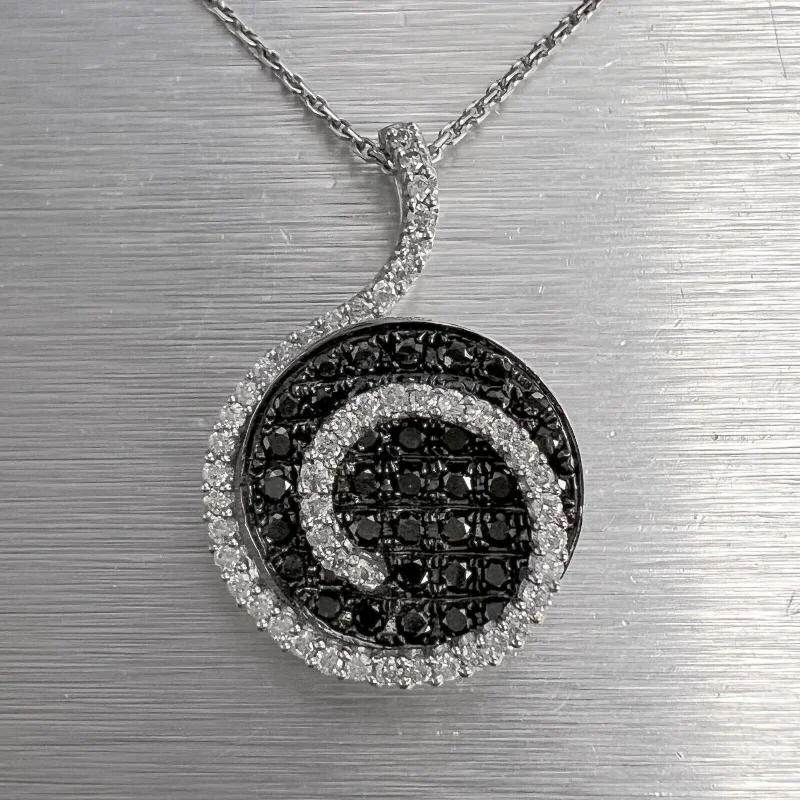 Ladies platinum necklace-14k White Gold White & Black Diamond 3D Circular Swirl Pendant Necklace 1.03ctw