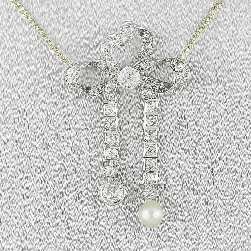 Ladies diamond necklace-Art Deco 14k Yellow Gold & Platinum 1.10ctw Diamond Pearl Ribbon Necklace 15.75"