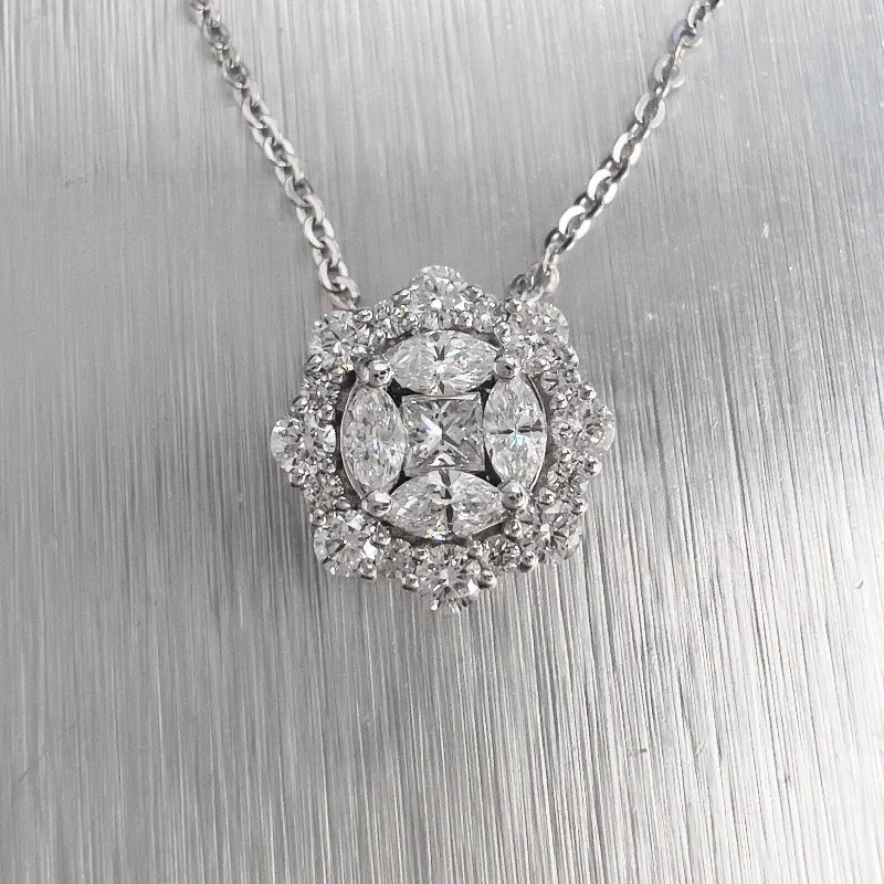 Ladies simple silver necklace-14k White Gold Princess & Marquise Diamond Cluster Circlet Necklace 0.85ctw