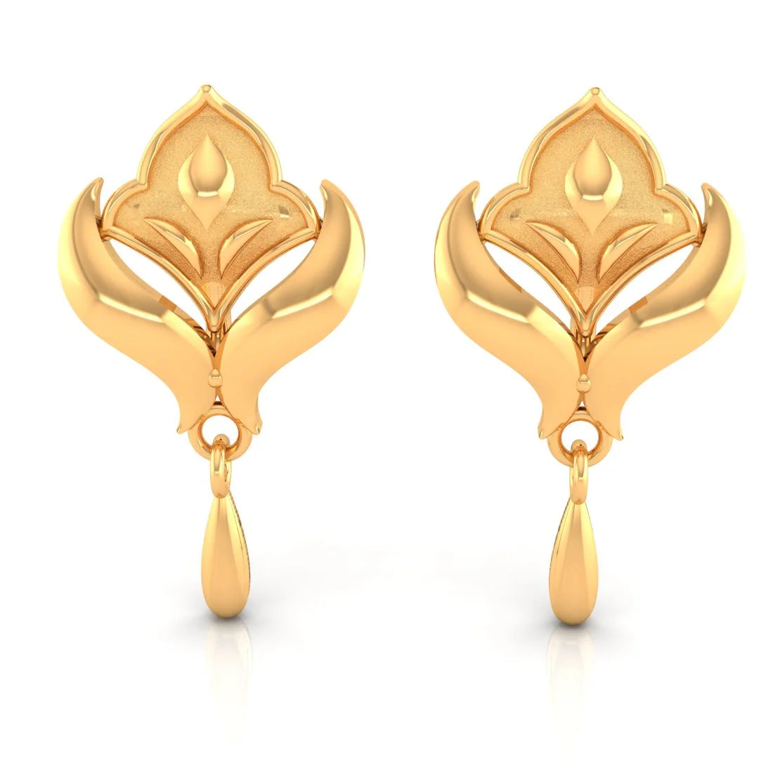 Ladies sterling silver stud earrings-22KT (916) Yellow Gold Winged Drop Earrings With Drop Dangles