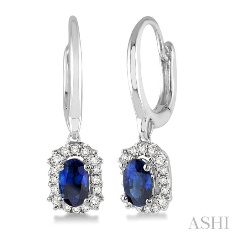 Ladies long earrings-5x3 MM Oval Cut Sapphire and 1/6 Ctw Round Cut Diamond Earrings in 14K White Gold