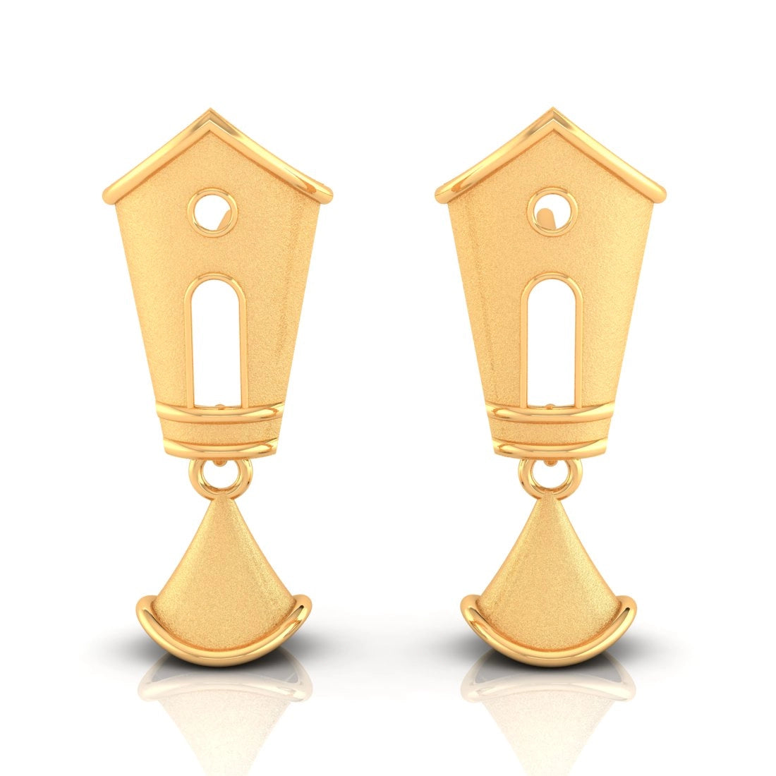 Ladies unique earrings-22KT (916) Yellow Gold Temple Design Drop Earrings With Cone Charm