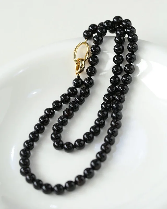 Ladies silver heart necklace-8mm Black Agate Beaded Long Necklace