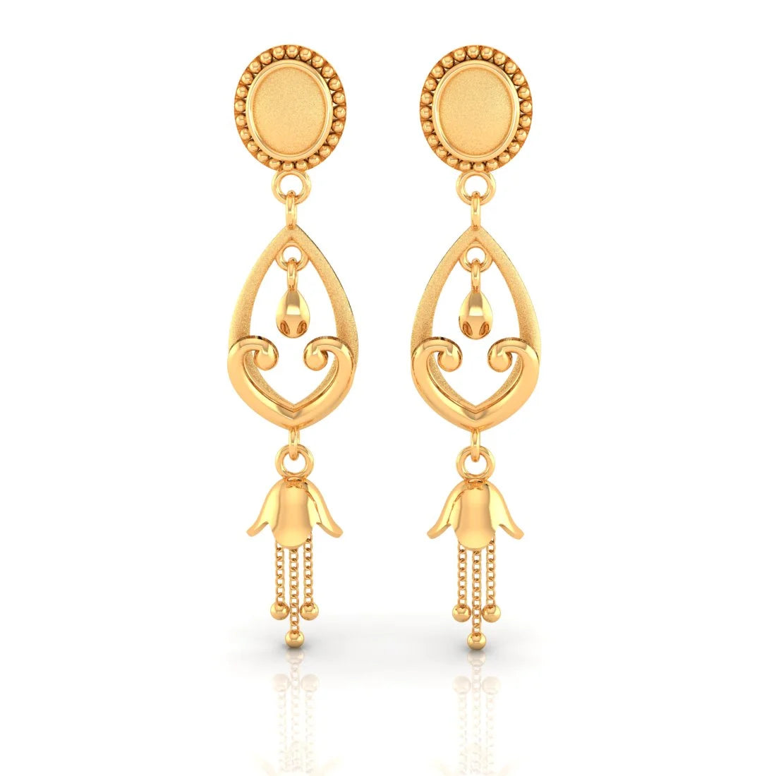 Ladies statement earrings-22KT (916) Yellow Gold Heart Shaped Drop Earrings