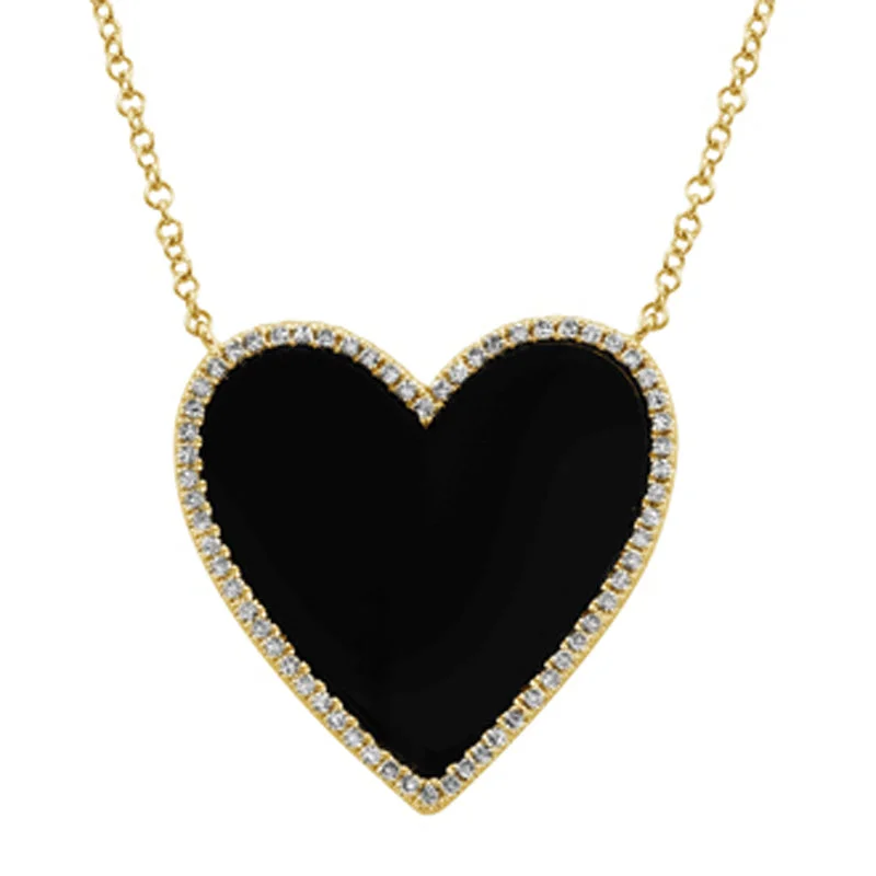 Ladies gold solitaire necklace-Diamond Edge Onyx Heart Necklace