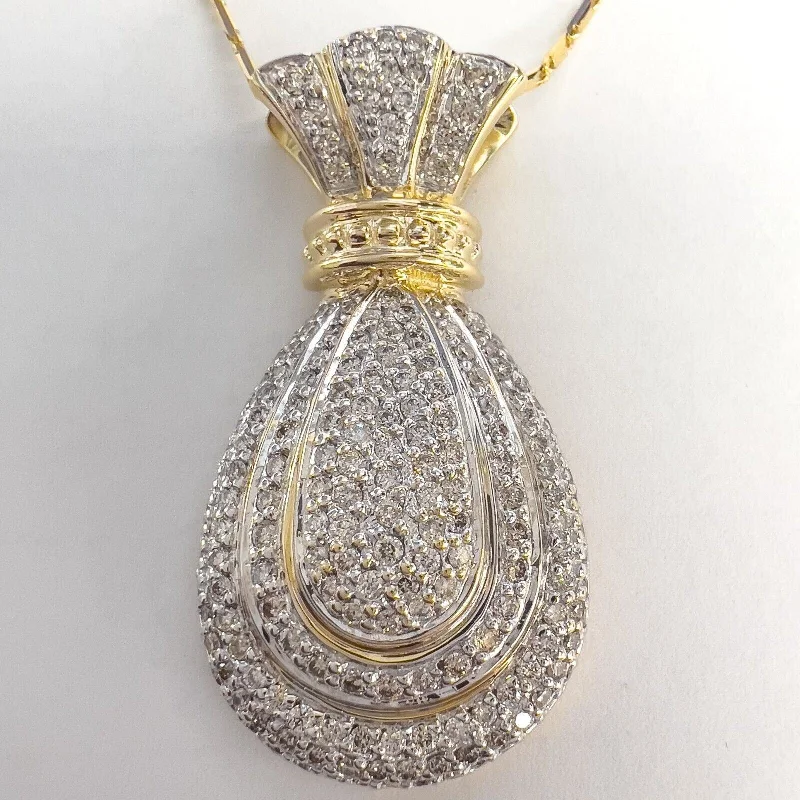 Ladies long necklace-14k White & Yellow Gold Diamond Tiered Purse Pouch Sack Pendant 1.00ctw 18"