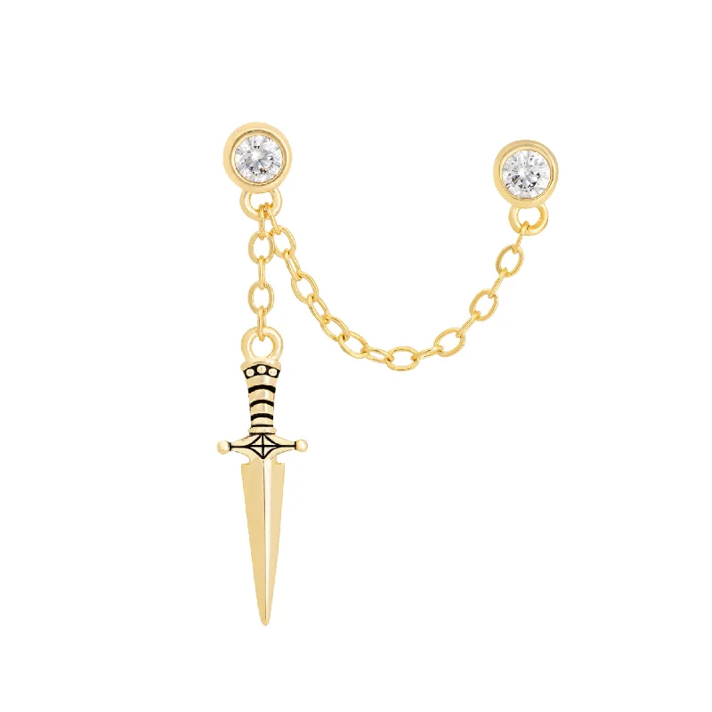 Ladies classic stud earrings-Dagger Double Stud Chain Earring