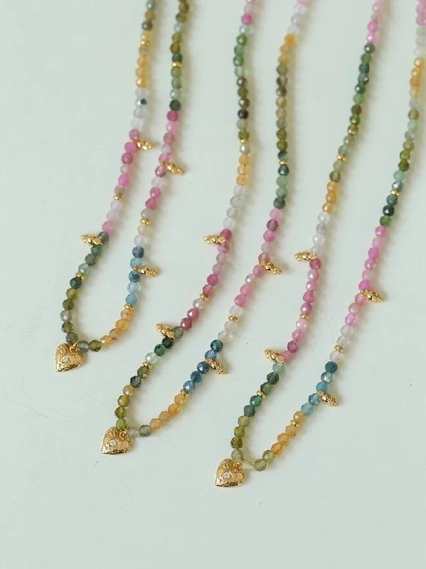 Ladies trendy gold necklace-Sterling Silver Heart Natural Tourmaline Rainbow Beaded Necklace