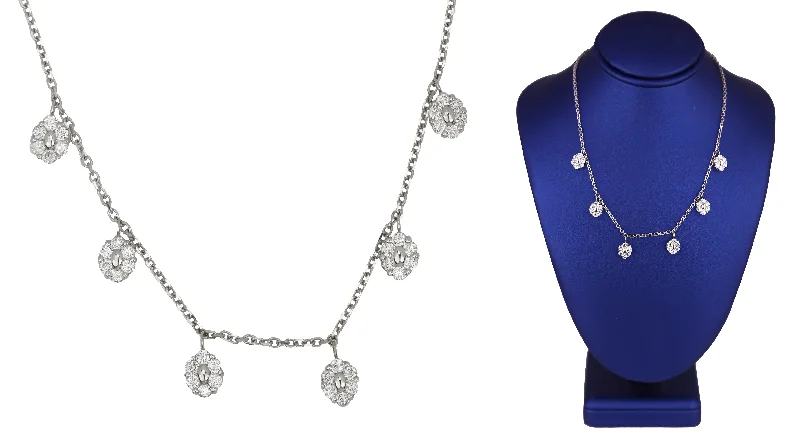 Ladies platinum necklace-Women's Modern 14K White Gold 1.80ctw Diamond Floral Dangling Station Necklace