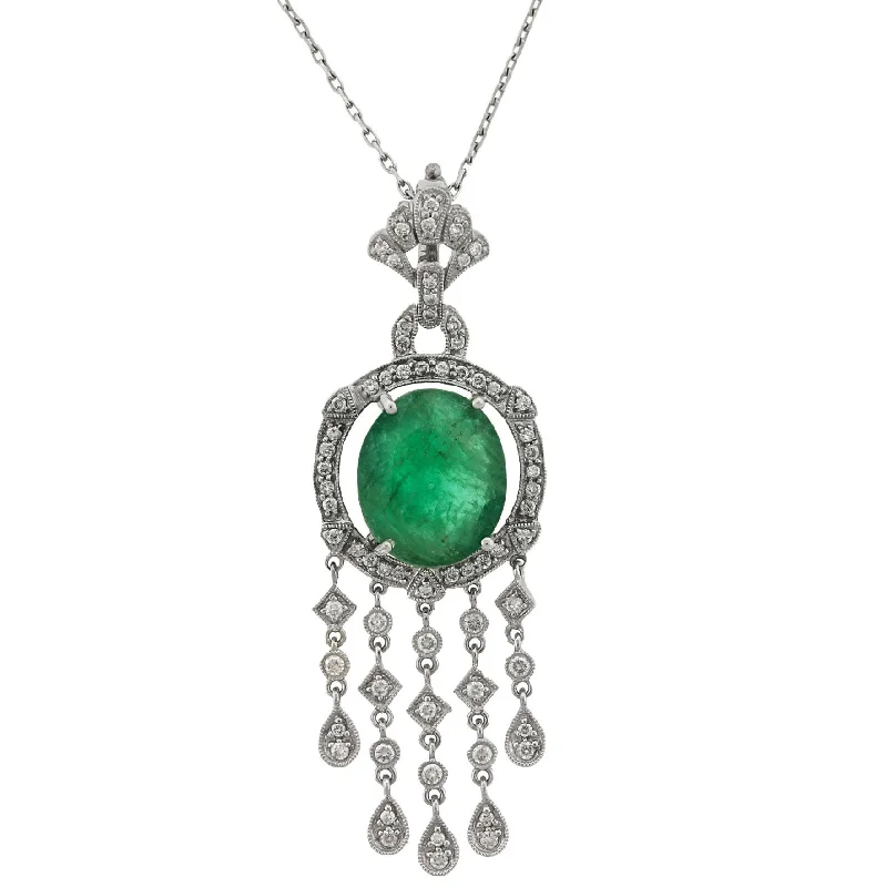 Ladies tennis necklace-Ladies Vintage Estate 18K White Gold 6.63ctw Emerald Diamond Dangling Necklace