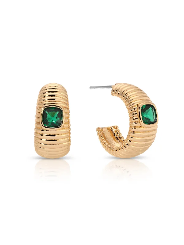 Ladies oval earrings-Ribbed Emerald Medium Hoops