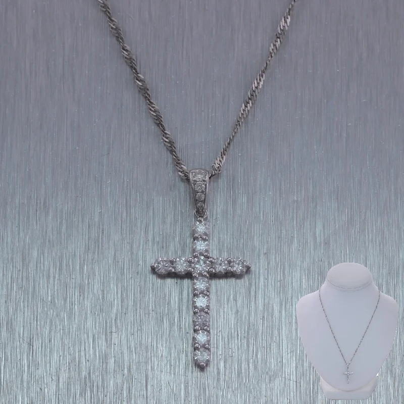 Ladies star pendant necklace-Modern 14k White Gold 1ctw Diamond Cross Pendant 18" Necklace