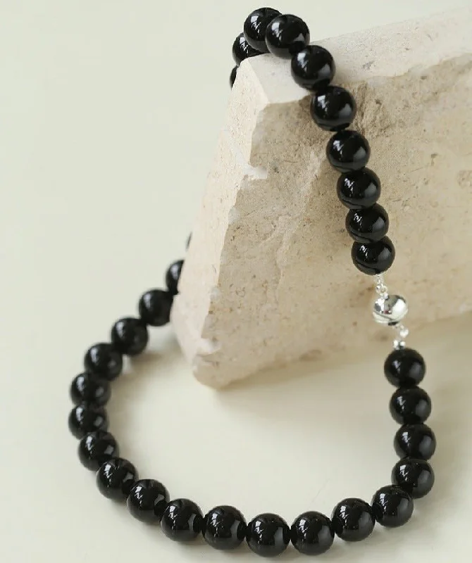 Ladies gemstone drop necklace-Handwoven 12mm Black Agate Stone Magnetic Clasp Necklace