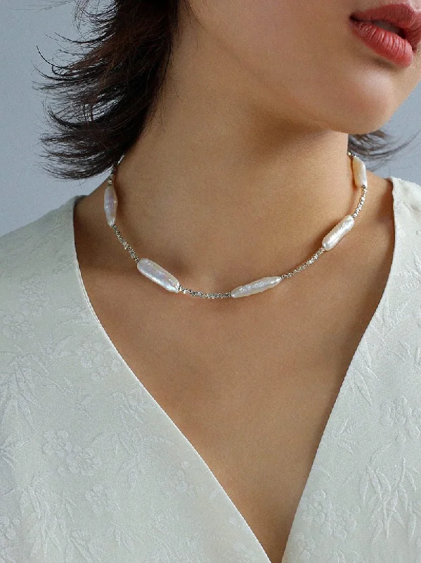 Ladies custom necklace-Broken Silver Toothpick Freshwater Pearl Necklaces