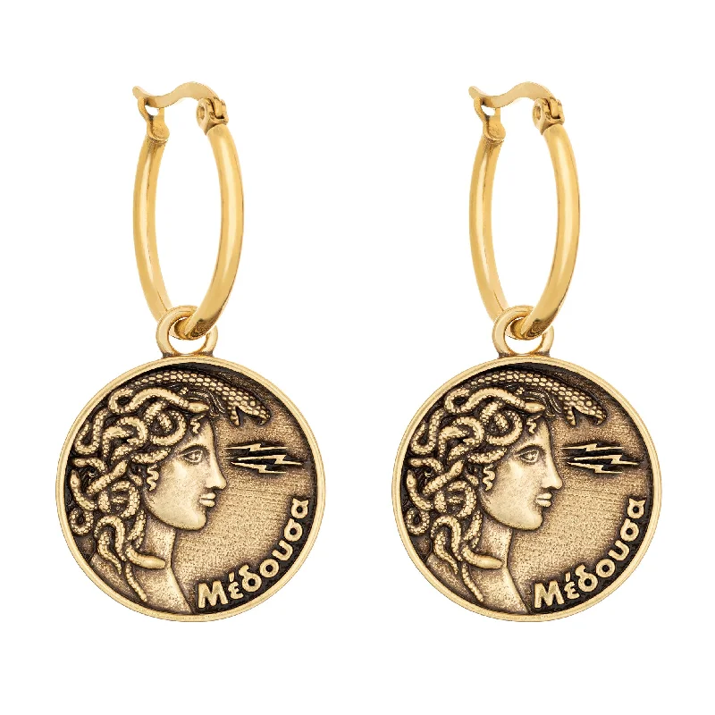 Ladies chandelier earrings-Medusa Coin Earrings