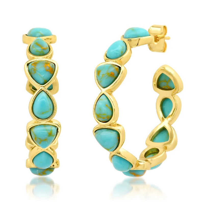 Ladies gold earrings-Geometric Stone Hoops- Turquoise