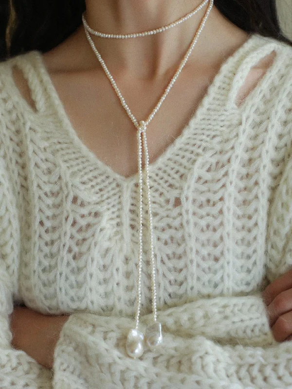 Ladies chunky necklace-Long Baroque Beaded Pearl Sweater Necklace