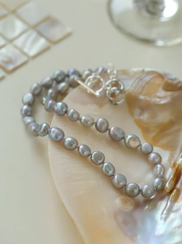 Ladies classic pearl necklace-Silver Gray Freshwater Pearls Short OT Buckle Necklaces